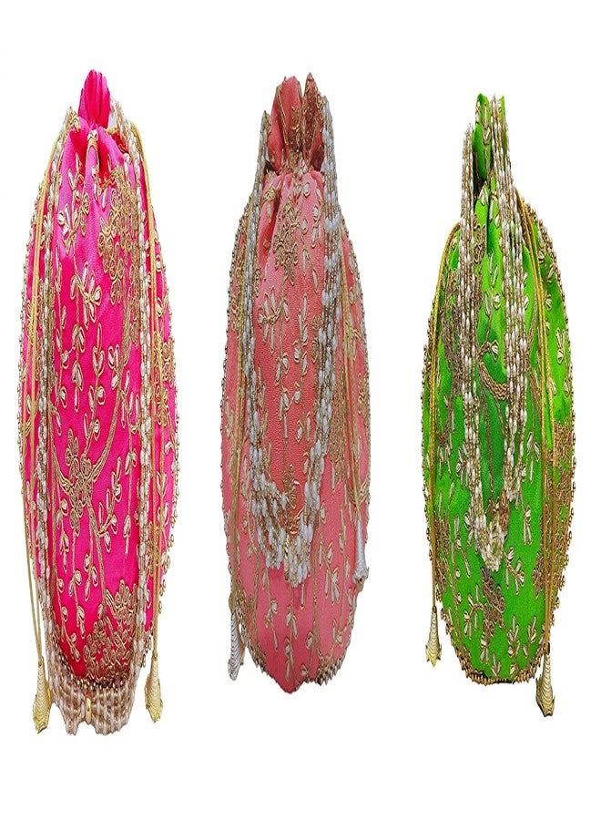 athizay Potli bag (Pack of 3 Potli) Rani,Pink And Light Green Matka Designer Potli handbags for Women and Girls - Image 1